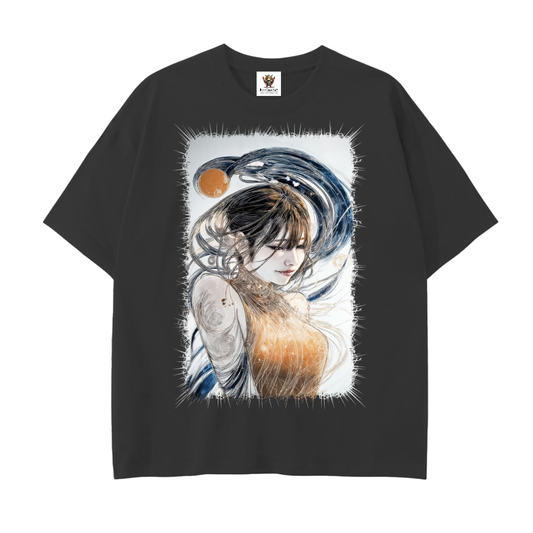 Serene woman in gold dress with flowing hair surrounded by blue swirls—large front print on drop shoulder unisex cotton T-shirt.