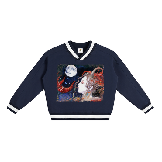 A Celestial Sorceress in the Moonlit Realm #1 | V-Neck Contrast Collar Boxy Sweatshirt