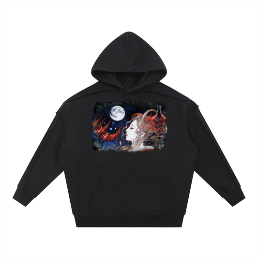 A Celestial Sorceress in the Moonlit Realm #1 | Contrast Tape Raw Edge Double Layered Hoodie