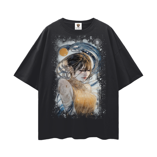 Golden Weave, Maiden Calmness streetwear drop-shoulder art T-shirt by ArtiSamurai — unisex cotton tee with serene golden tones and flowing blue accents.