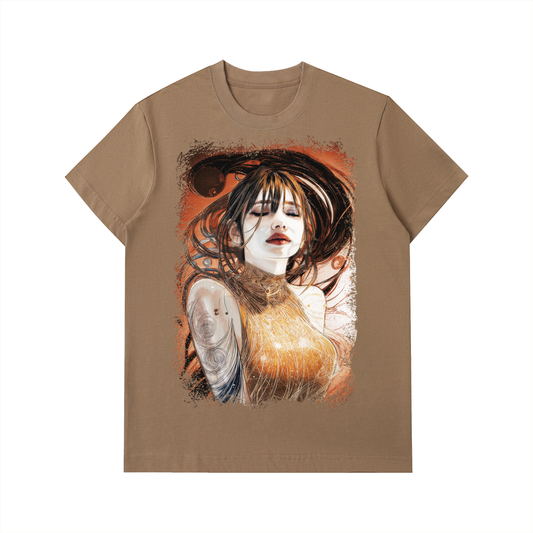 Golden Weave, Maiden Calmness art printed on an Essential Heavyweight Cotton T-Shirt by ArtiSamurai — unisex wearable artwork featuring soft golden tones and serene design.