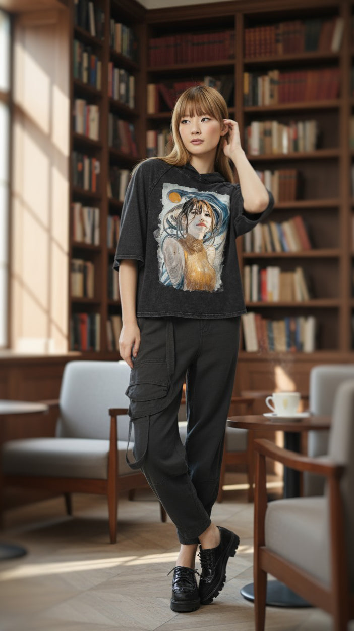 Golden Weave, Maiden Calmness #1 | Snow Washed Hooded Boxy T-Shirt