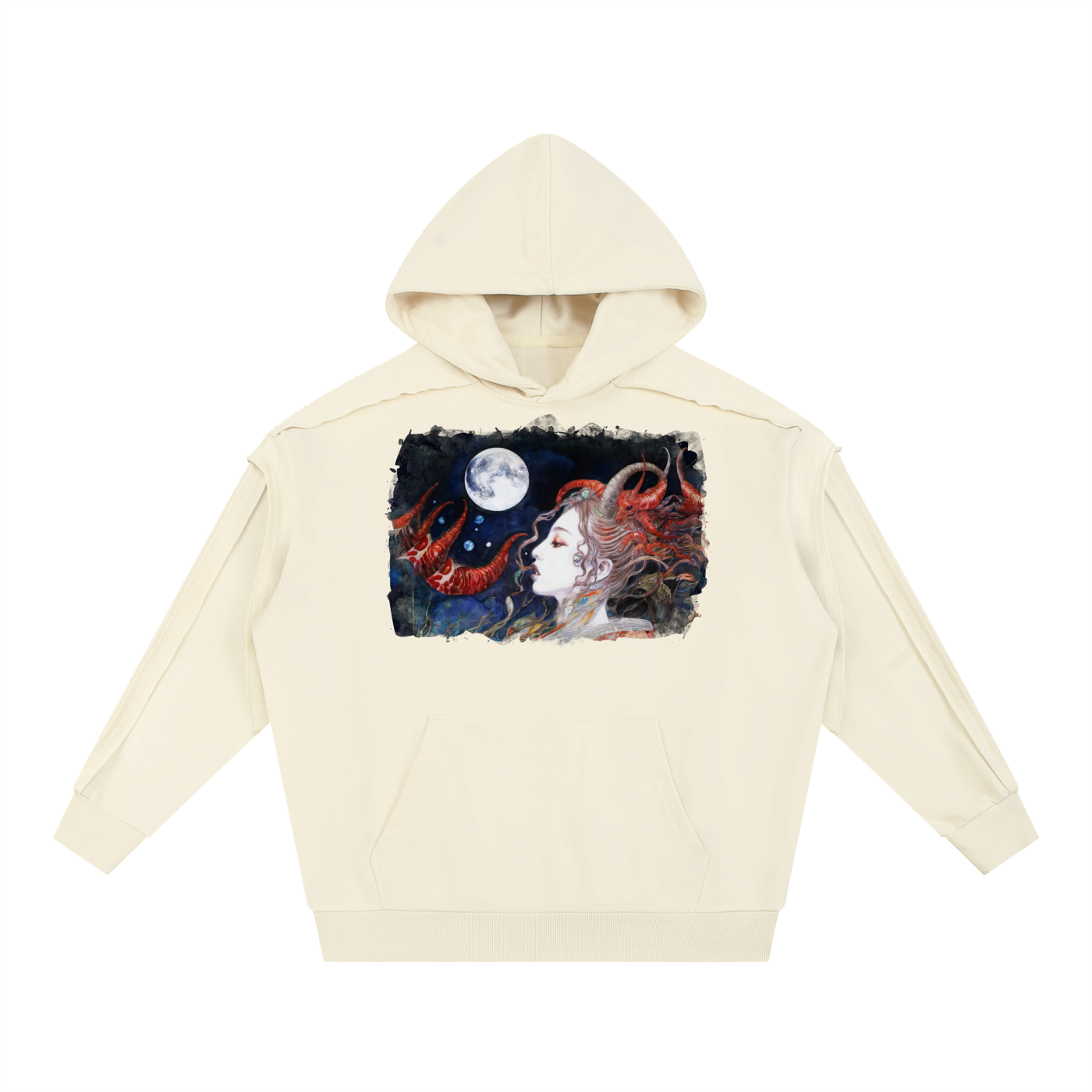A Celestial Sorceress in the Moonlit Realm #1 | Contrast Tape Raw Edge Double Layered Hoodie