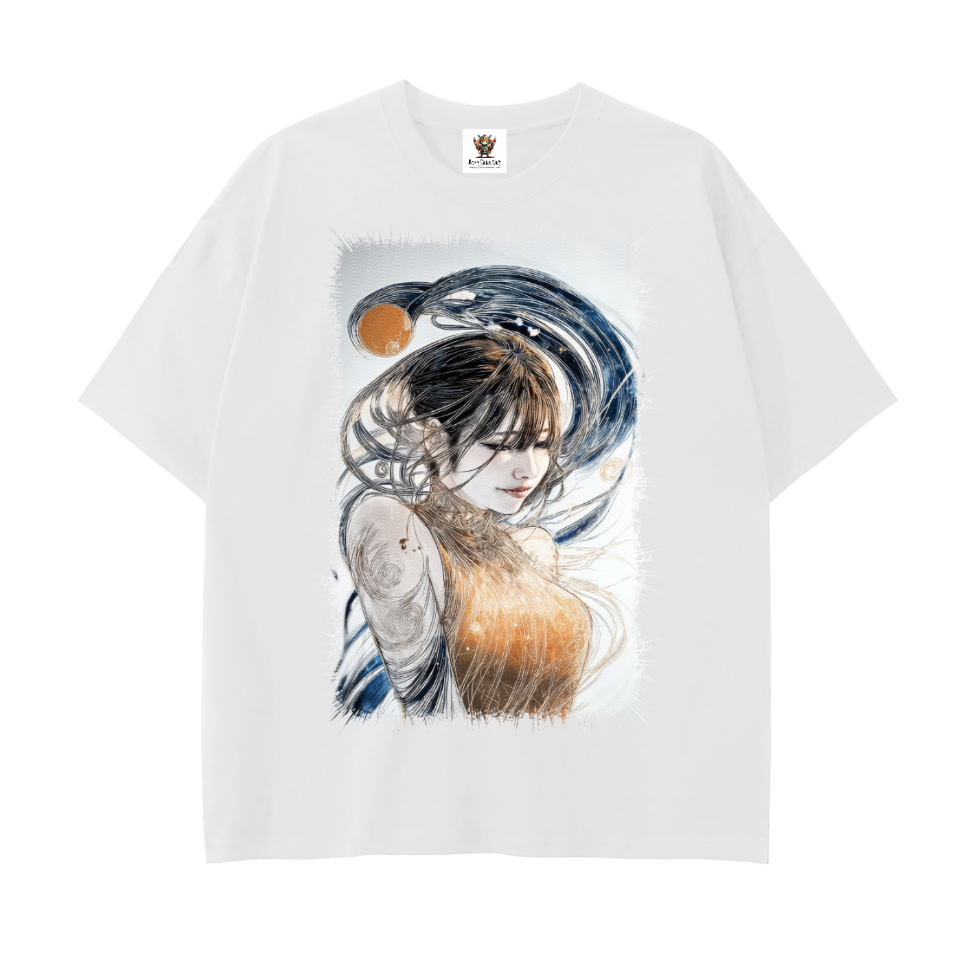 Serene woman in gold dress with flowing hair surrounded by blue swirls—large front print on drop shoulder unisex cotton T-shirt.