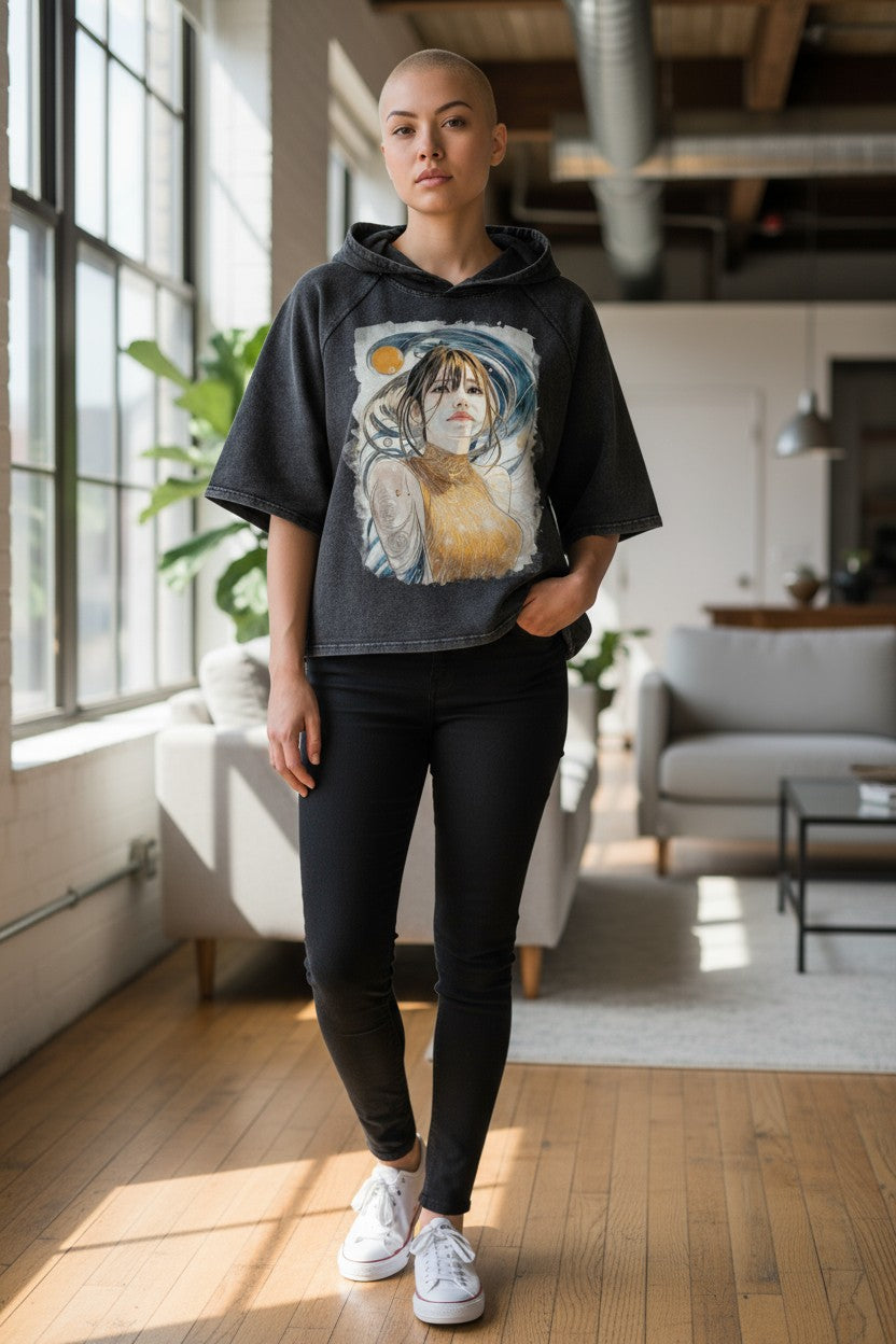 Golden Weave, Maiden Calmness #1 | Snow Washed Hooded Boxy T-Shirt