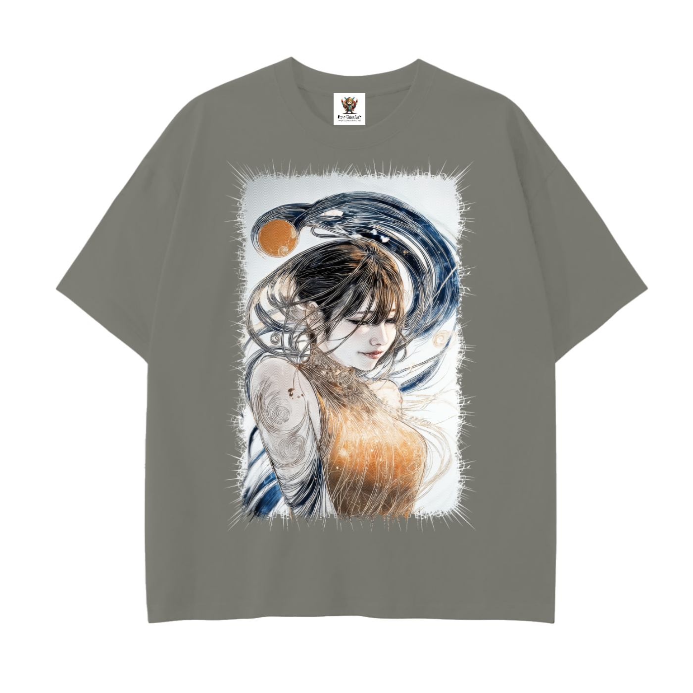 Serene woman in gold dress with flowing hair surrounded by blue swirls—large front print on drop shoulder unisex cotton T-shirt.