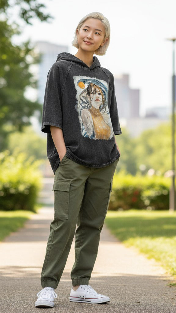 Golden Weave, Maiden Calmness #1 | Snow Washed Hooded Boxy T-Shirt