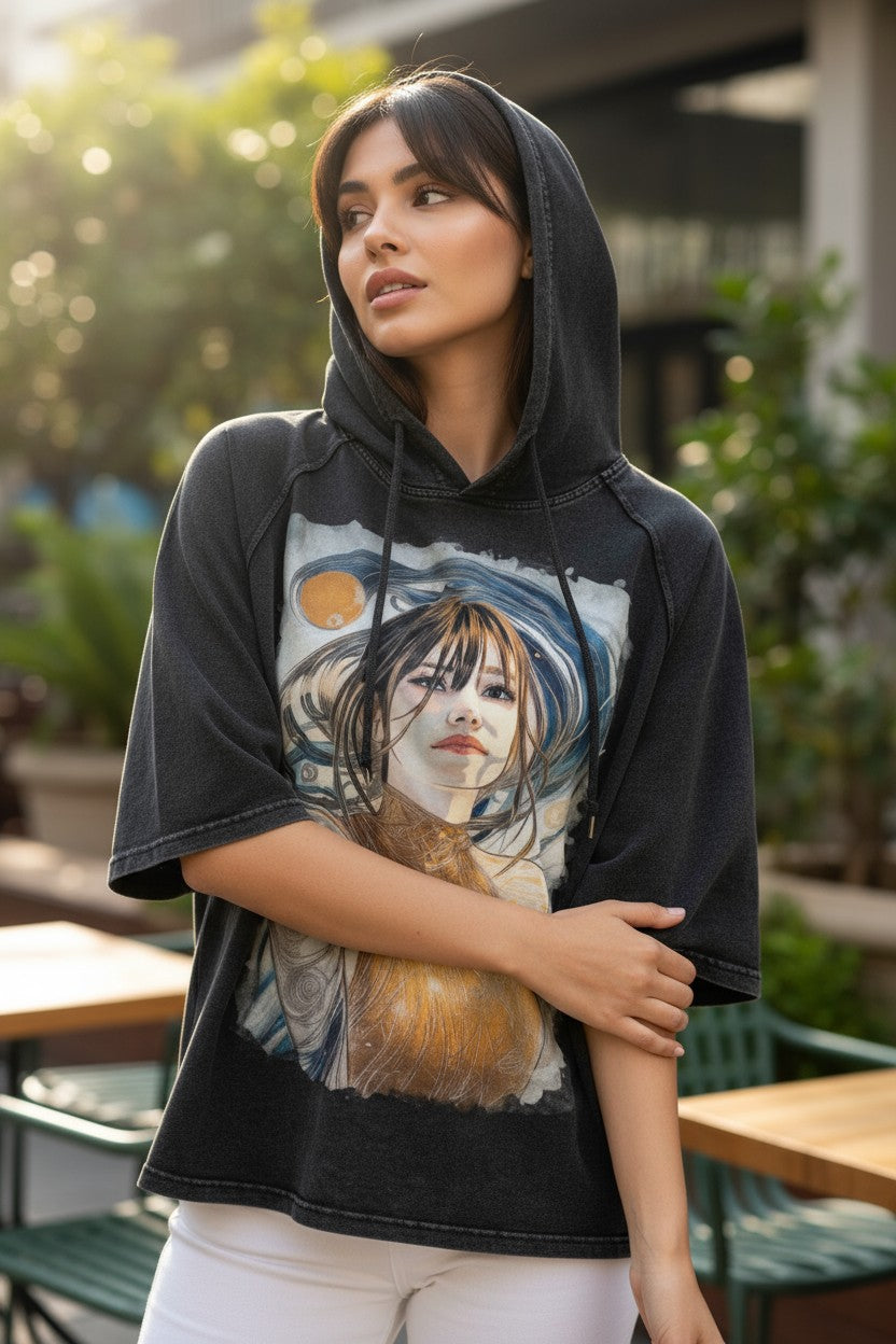 Golden Weave, Maiden Calmness #1 | Snow Washed Hooded Boxy T-Shirt