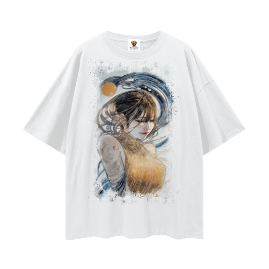 Golden Weave, Maiden Calmness streetwear drop-shoulder art T-shirt by ArtiSamurai — unisex cotton tee with serene golden tones and flowing blue accents.
