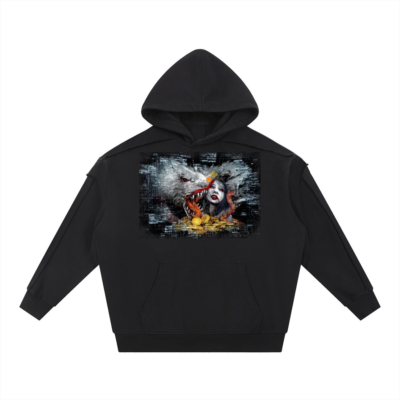 Double-layered hoodie with an illustration of a white beast biting toward a woman’s face above a pile of gold cryptocurrency coins, set against a dark, glitched code background.