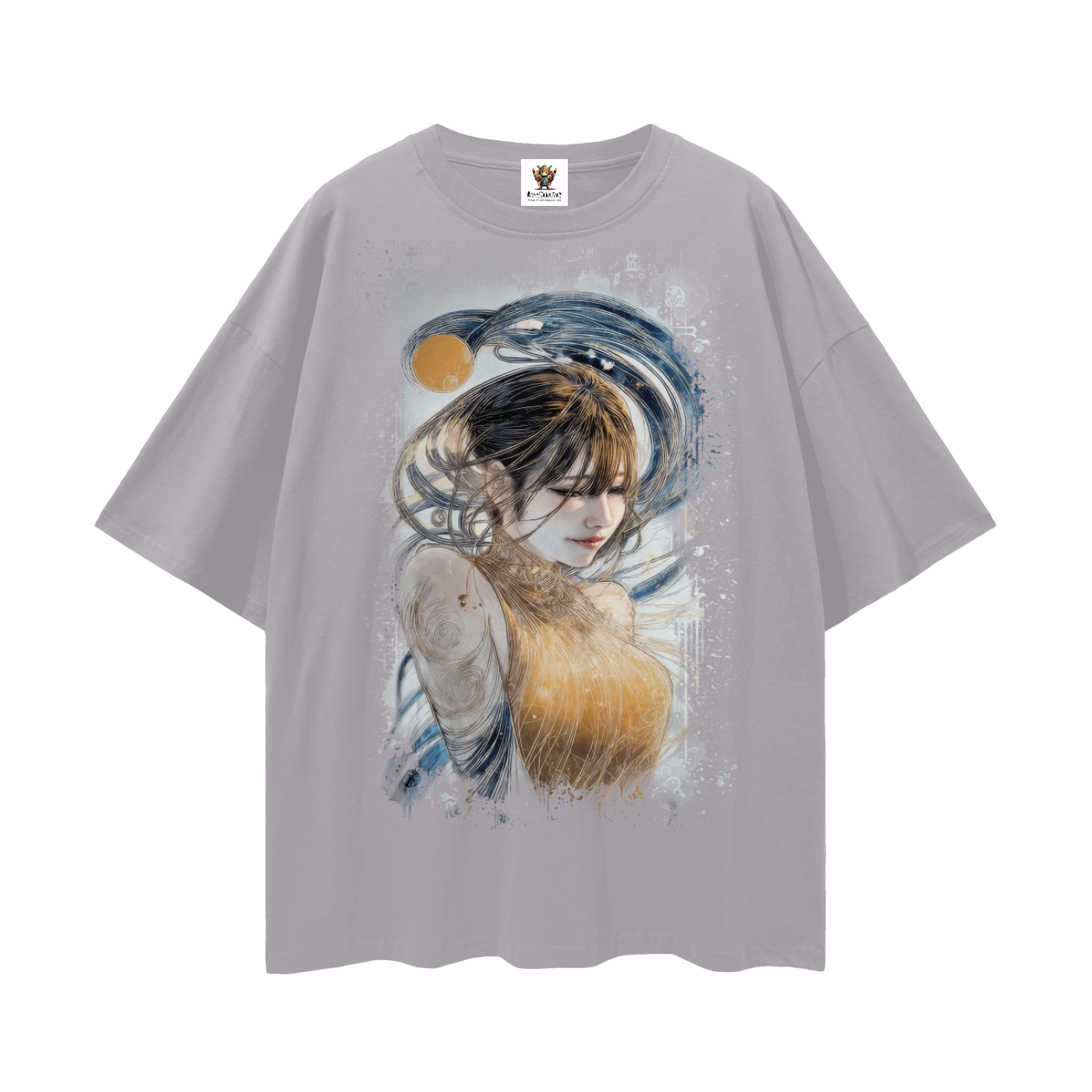 Golden Weave, Maiden Calmness streetwear drop-shoulder art T-shirt by ArtiSamurai — unisex cotton tee with serene golden tones and flowing blue accents.