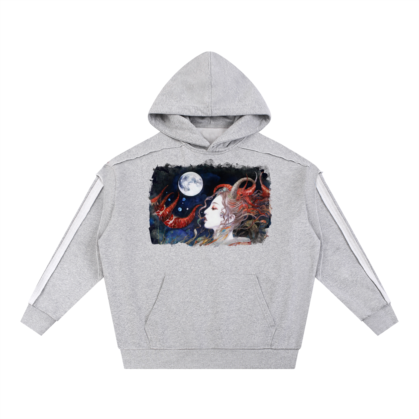 A Celestial Sorceress in the Moonlit Realm #1 | Contrast Tape Raw Edge Double Layered Hoodie
