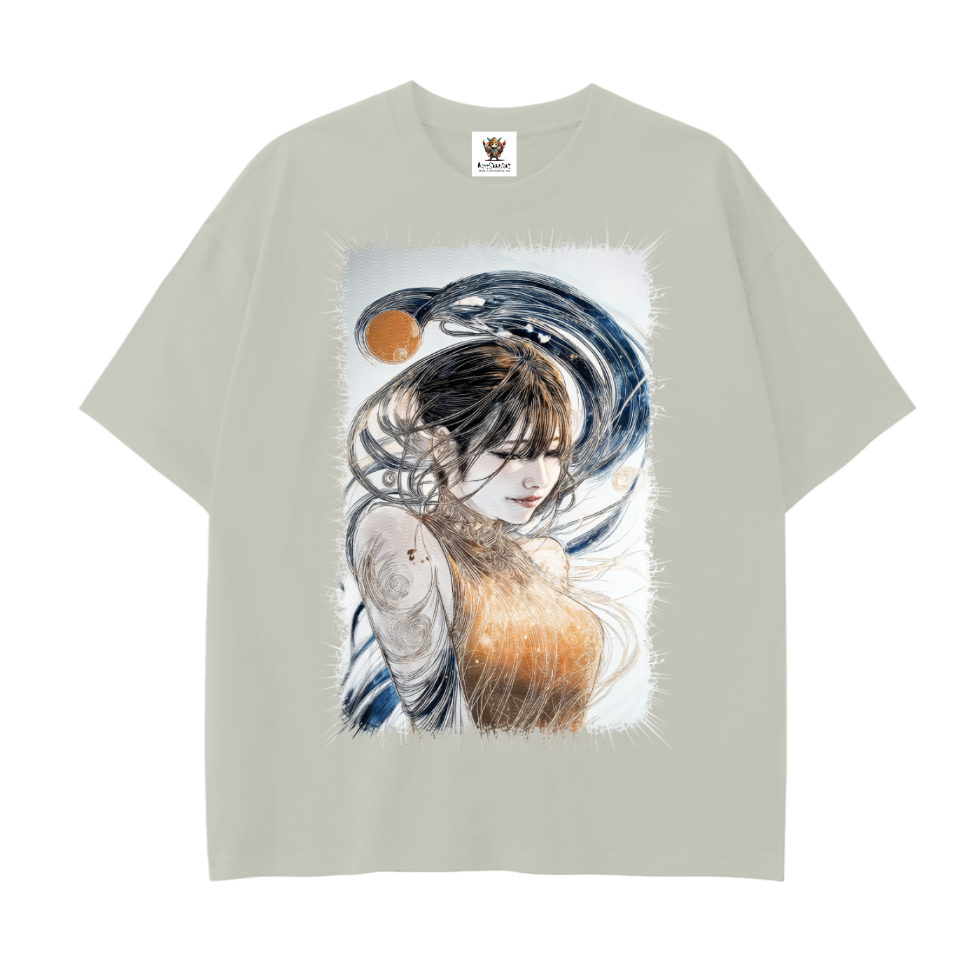 Serene woman in gold dress with flowing hair surrounded by blue swirls—large front print on drop shoulder unisex cotton T-shirt.