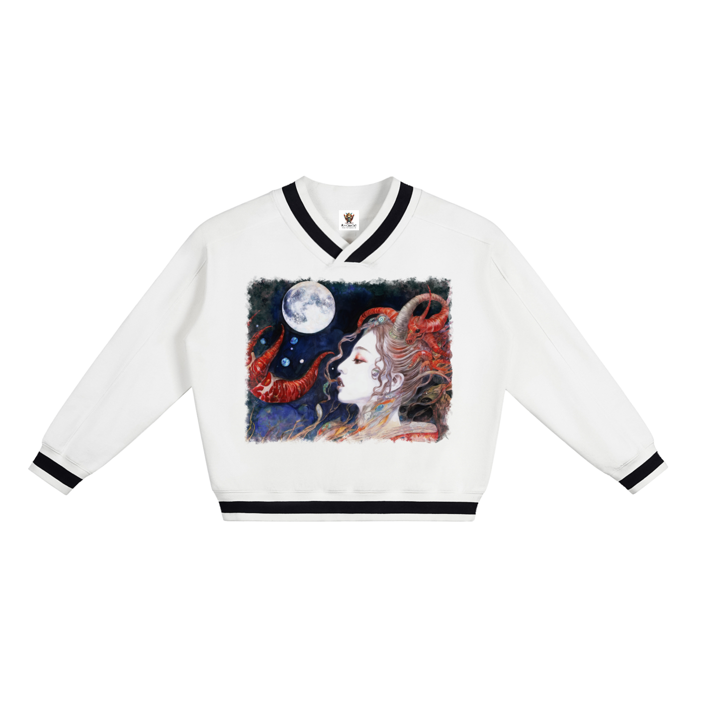 A Celestial Sorceress in the Moonlit Realm #1 | V-Neck Contrast Collar Boxy Sweatshirt