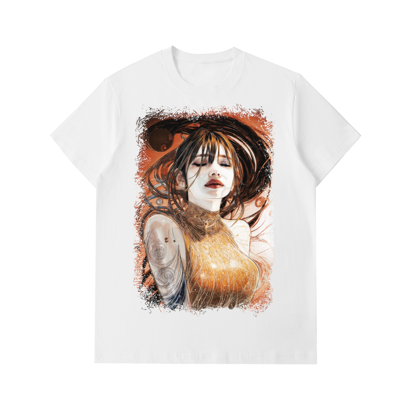 Golden Weave, Maiden Calmness art printed on an Essential Heavyweight Cotton T-Shirt by ArtiSamurai — unisex wearable artwork featuring soft golden tones and serene design.