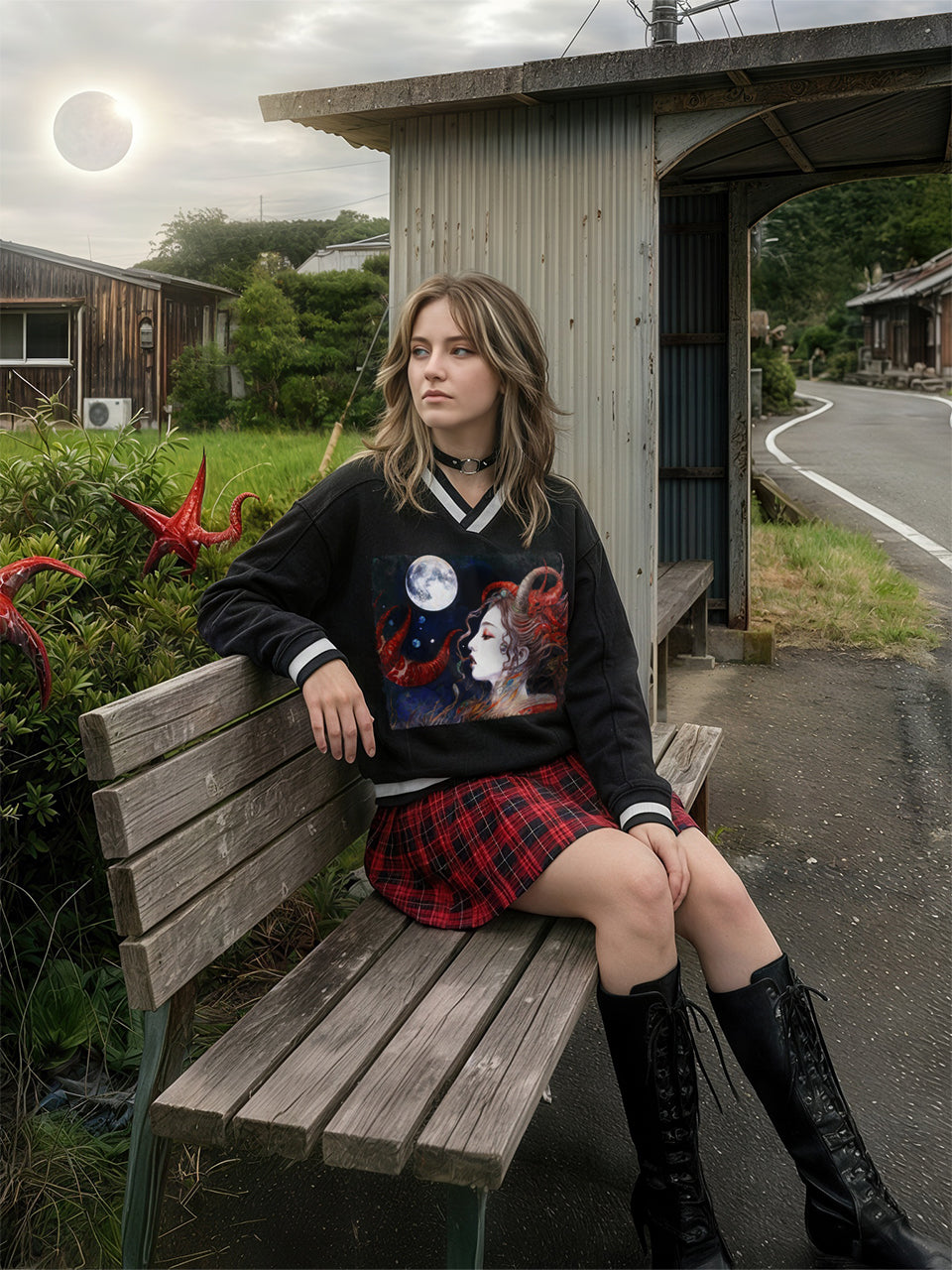 A Celestial Sorceress in the Moonlit Realm #1 | V-Neck Contrast Collar Boxy Sweatshirt