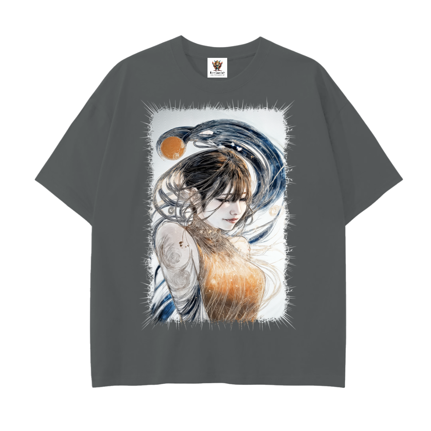 Serene woman in gold dress with flowing hair surrounded by blue swirls—large front print on drop shoulder unisex cotton T-shirt.