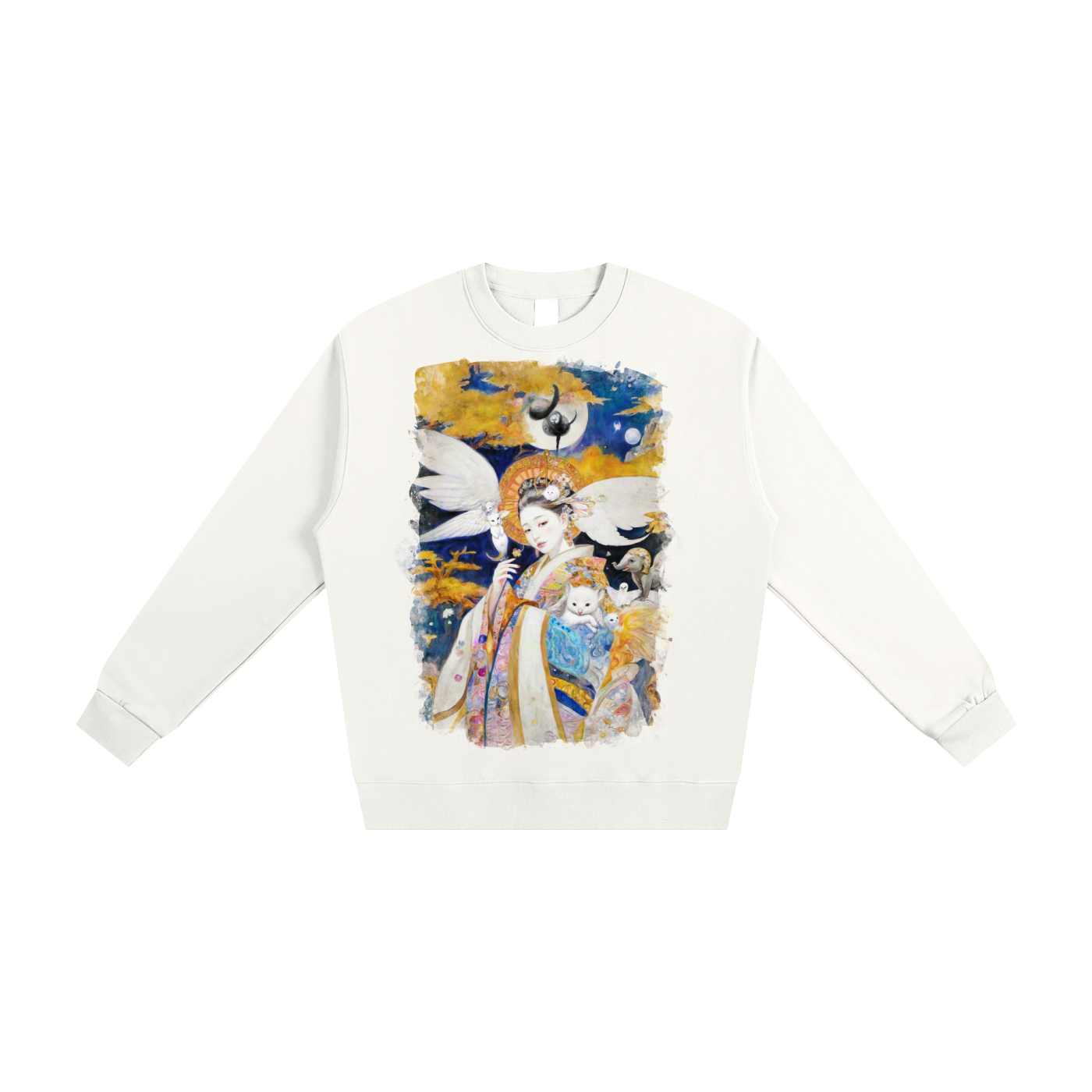 Sweatshirt print of a celestial princess in ornate kimono surrounded by winged creatures and soft autumn light, inspired by “A Celestial Princess in the Autumn Twilight.”