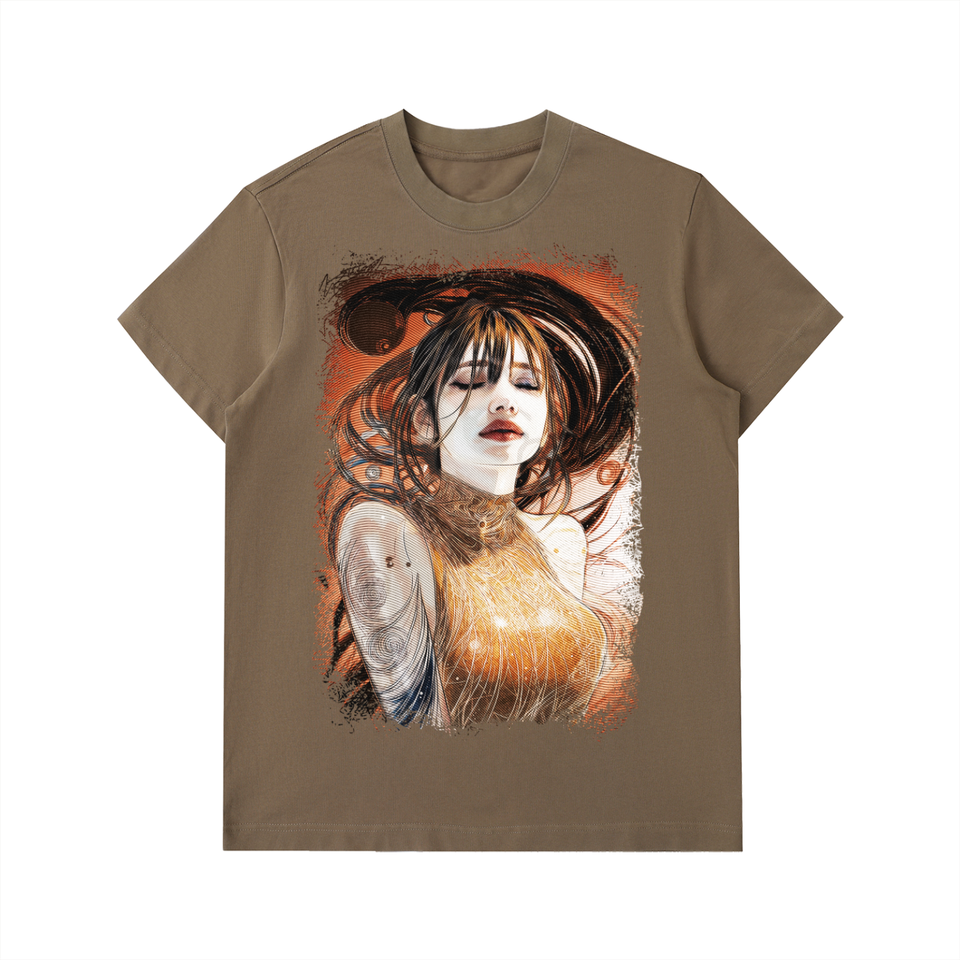Golden Weave, Maiden Calmness art printed on an Essential Heavyweight Cotton T-Shirt by ArtiSamurai — unisex wearable artwork featuring soft golden tones and serene design.