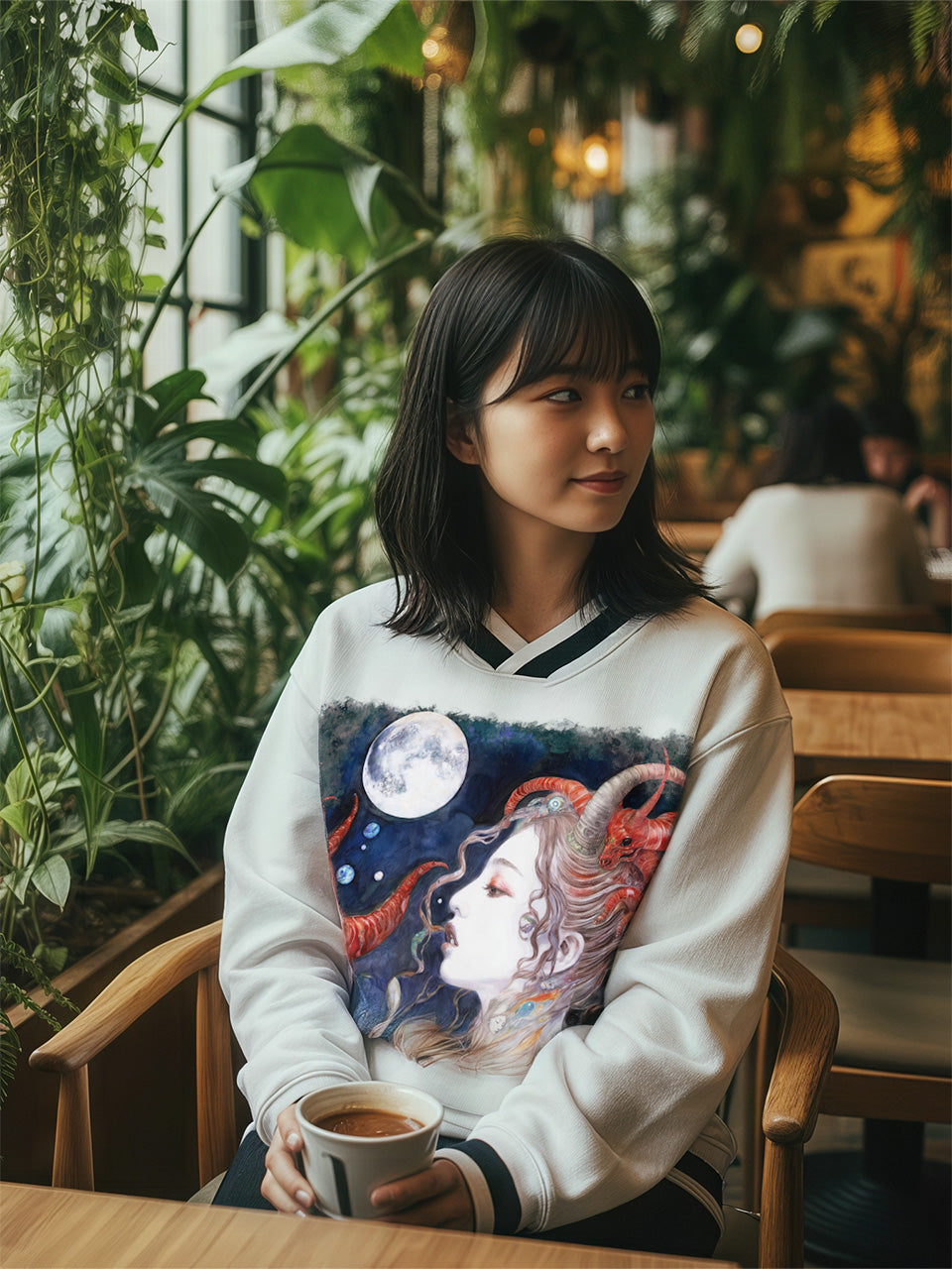 A Celestial Sorceress in the Moonlit Realm #1 | V-Neck Contrast Collar Boxy Sweatshirt
