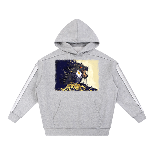 Gray contrast-tape double-layered hoodie featuring “Devotion of the Desire, Feast of the Beast” artwork printed on the chest, showcasing gold and indigo tones.