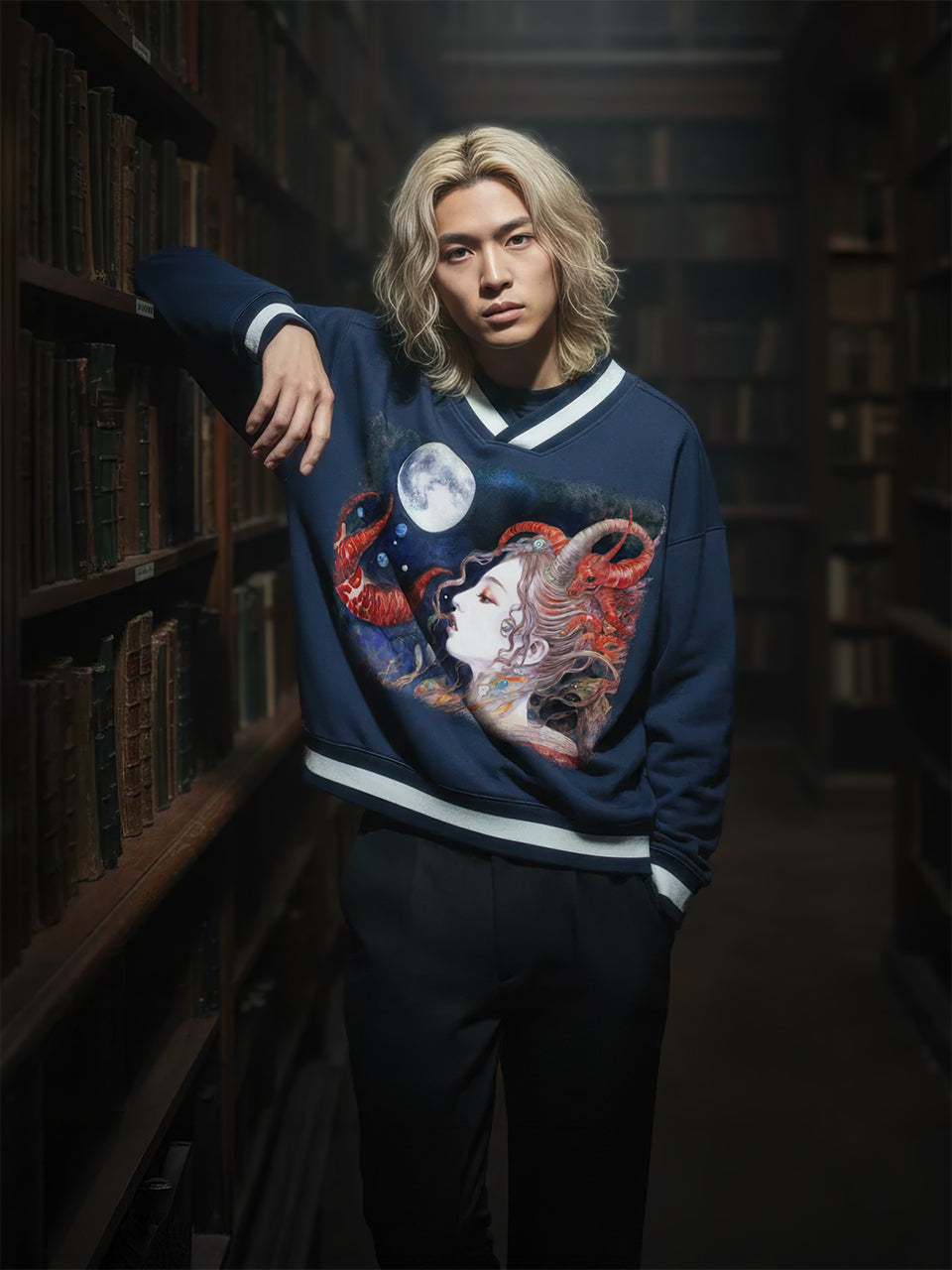 A Celestial Sorceress in the Moonlit Realm #1 | V-Neck Contrast Collar Boxy Sweatshirt