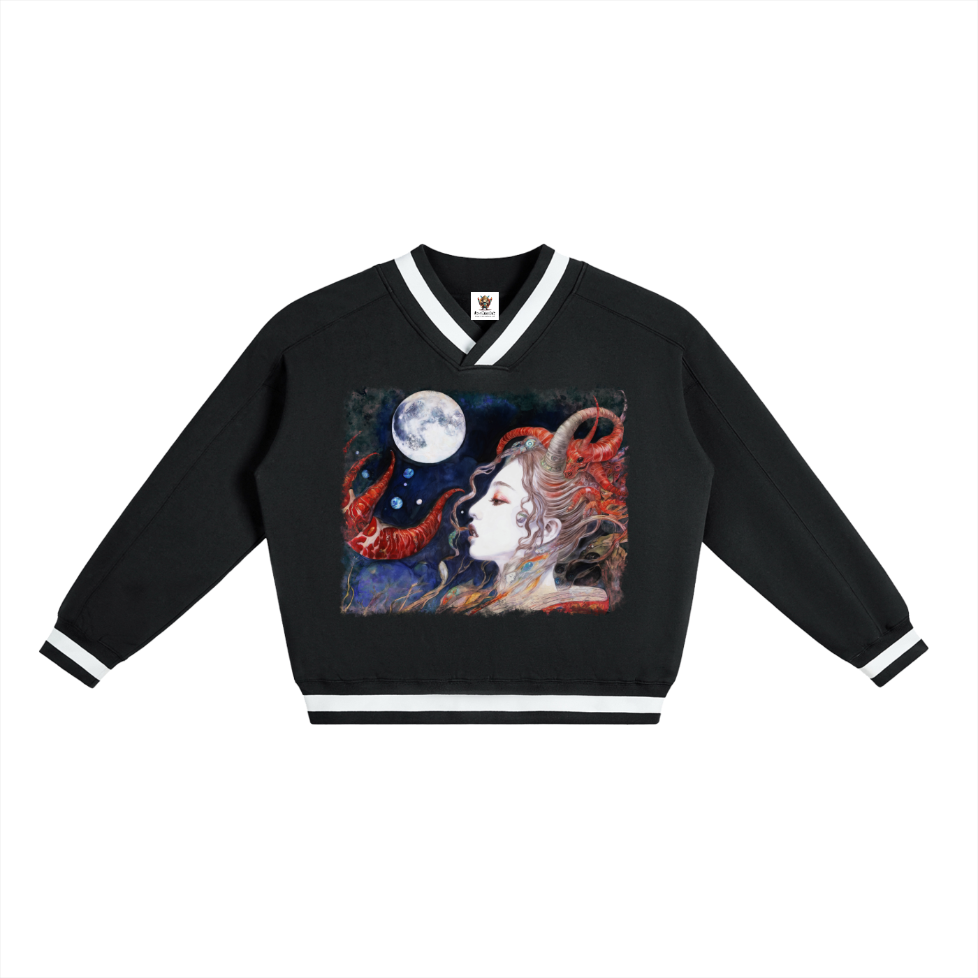 A Celestial Sorceress in the Moonlit Realm #1 | V-Neck Contrast Collar Boxy Sweatshirt