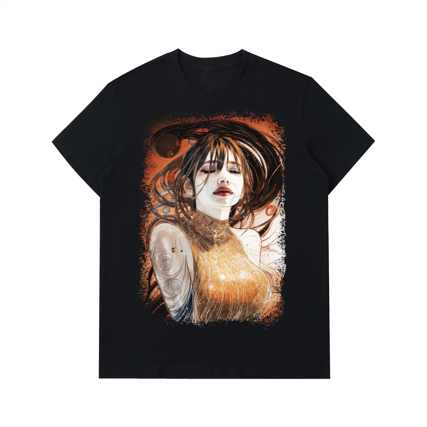 Golden Weave, Maiden Calmness art printed on an Essential Heavyweight Cotton T-Shirt by ArtiSamurai — unisex wearable artwork featuring soft golden tones and serene design.