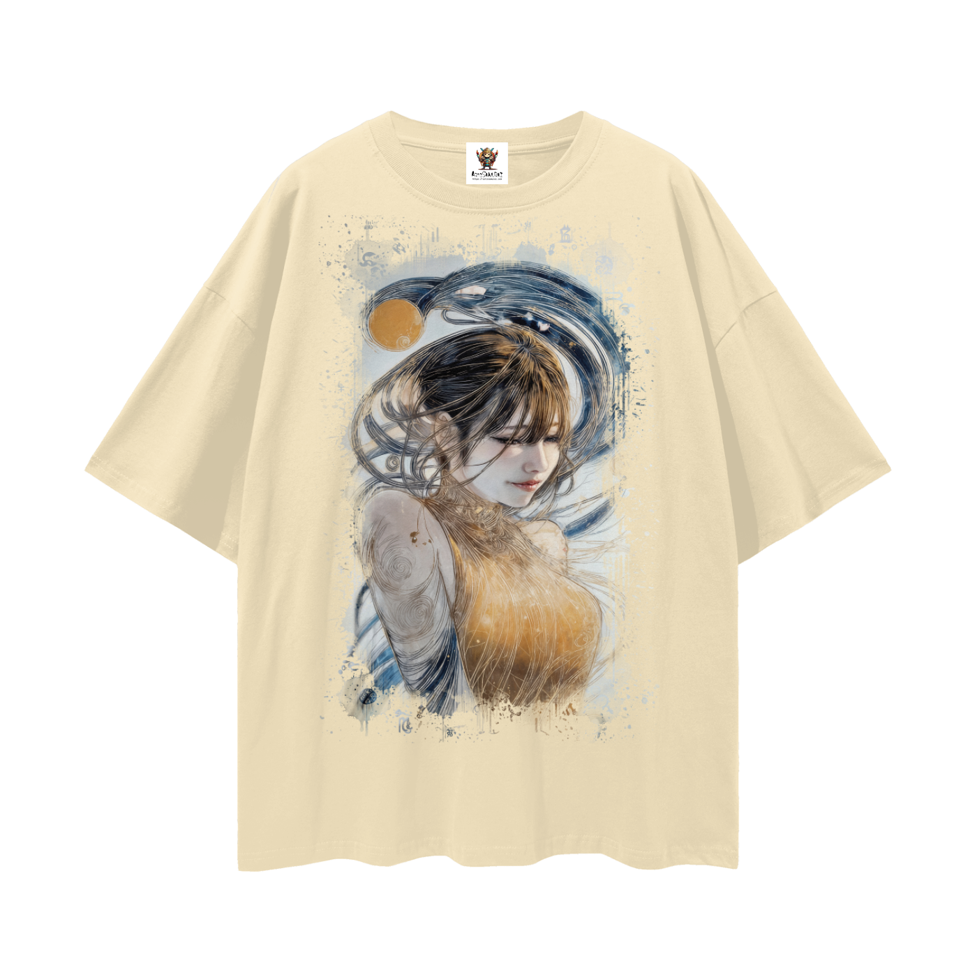 Golden Weave, Maiden Calmness streetwear drop-shoulder art T-shirt by ArtiSamurai — unisex cotton tee with serene golden tones and flowing blue accents.