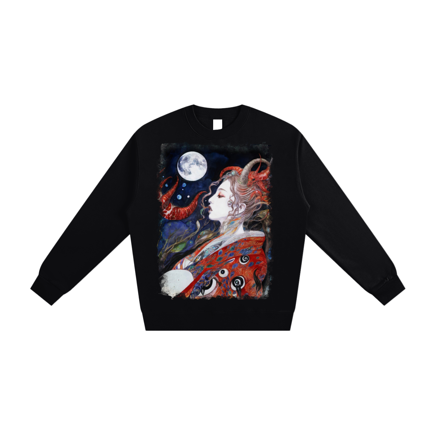 Black sweatshirt with a colorful graphic design of a woman and moon on a white background