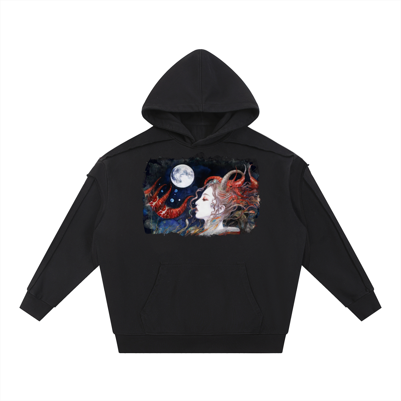 A Celestial Sorceress in the Moonlit Realm #1 | Contrast Tape Raw Edge Double Layered Hoodie